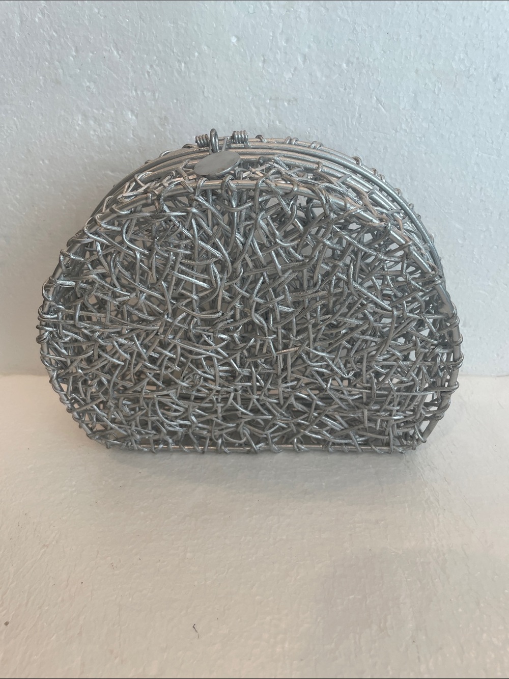 Vintage Woven Wire Mesh Evening Bag Silver Metal Cage Clutch Purse handbag